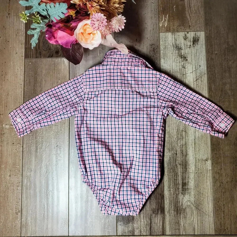Carter's Baby Boy Size 9m Pink and Blue Plaid 100% Cotton Button Down Shirt